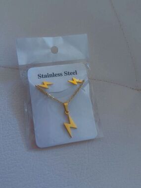 Gold Lightning Bolt Necklace and Stud Earrings Set